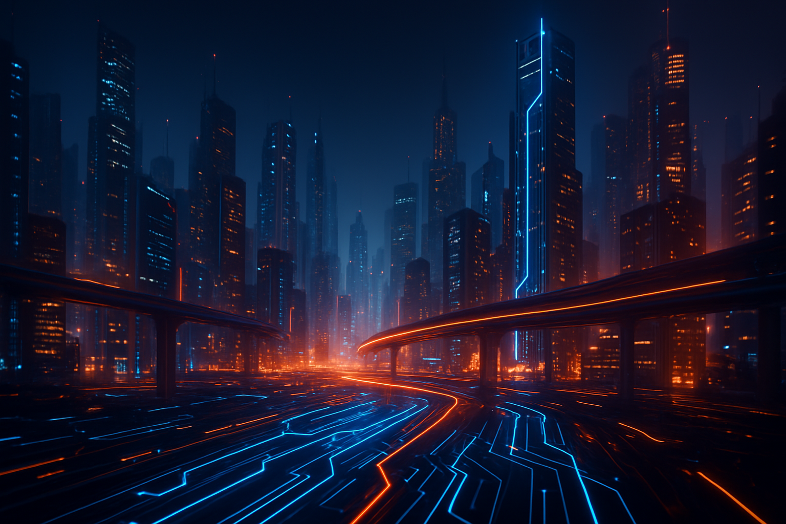 Futuristic city with neon circuits